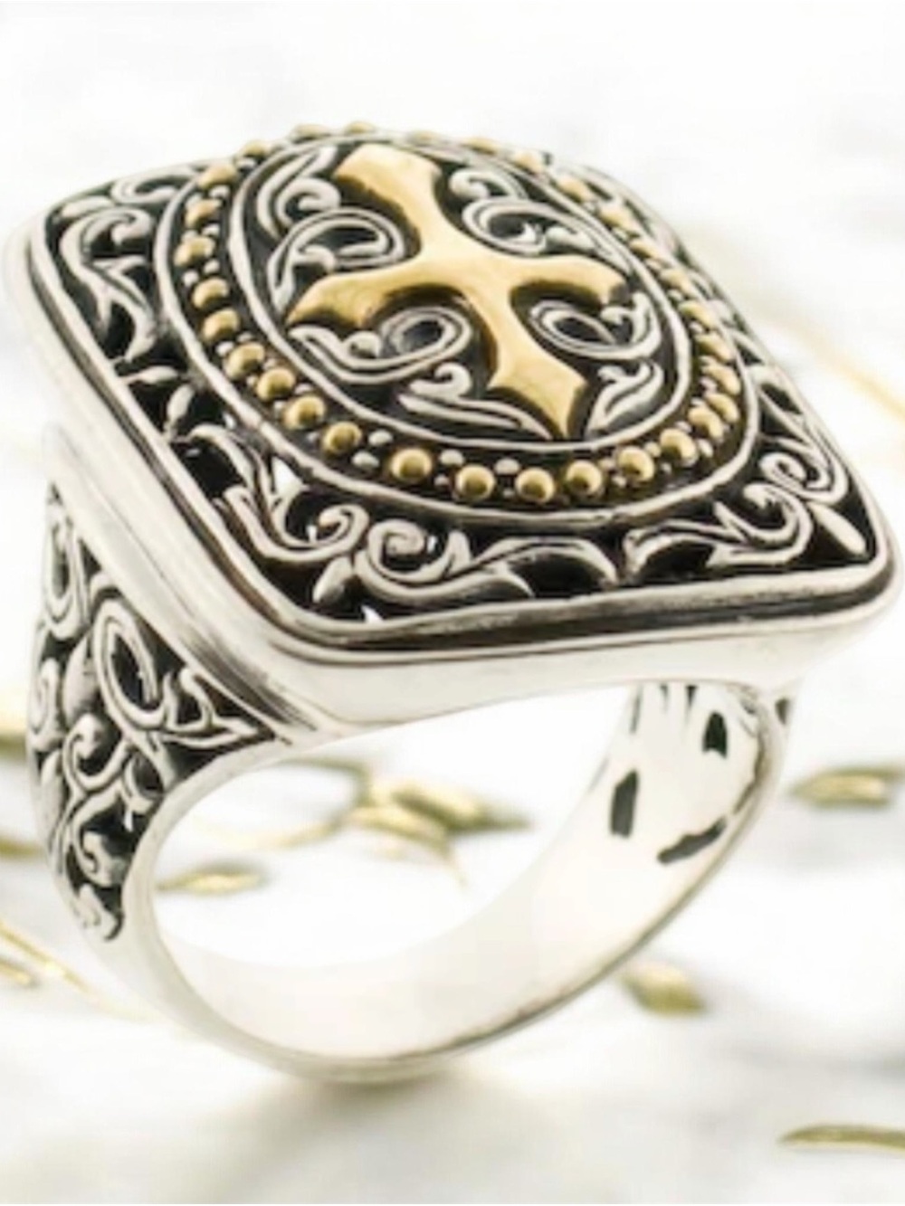Two-Tone Cross 18kt Gold With Sterling Silvet Filigree Statement Ring -